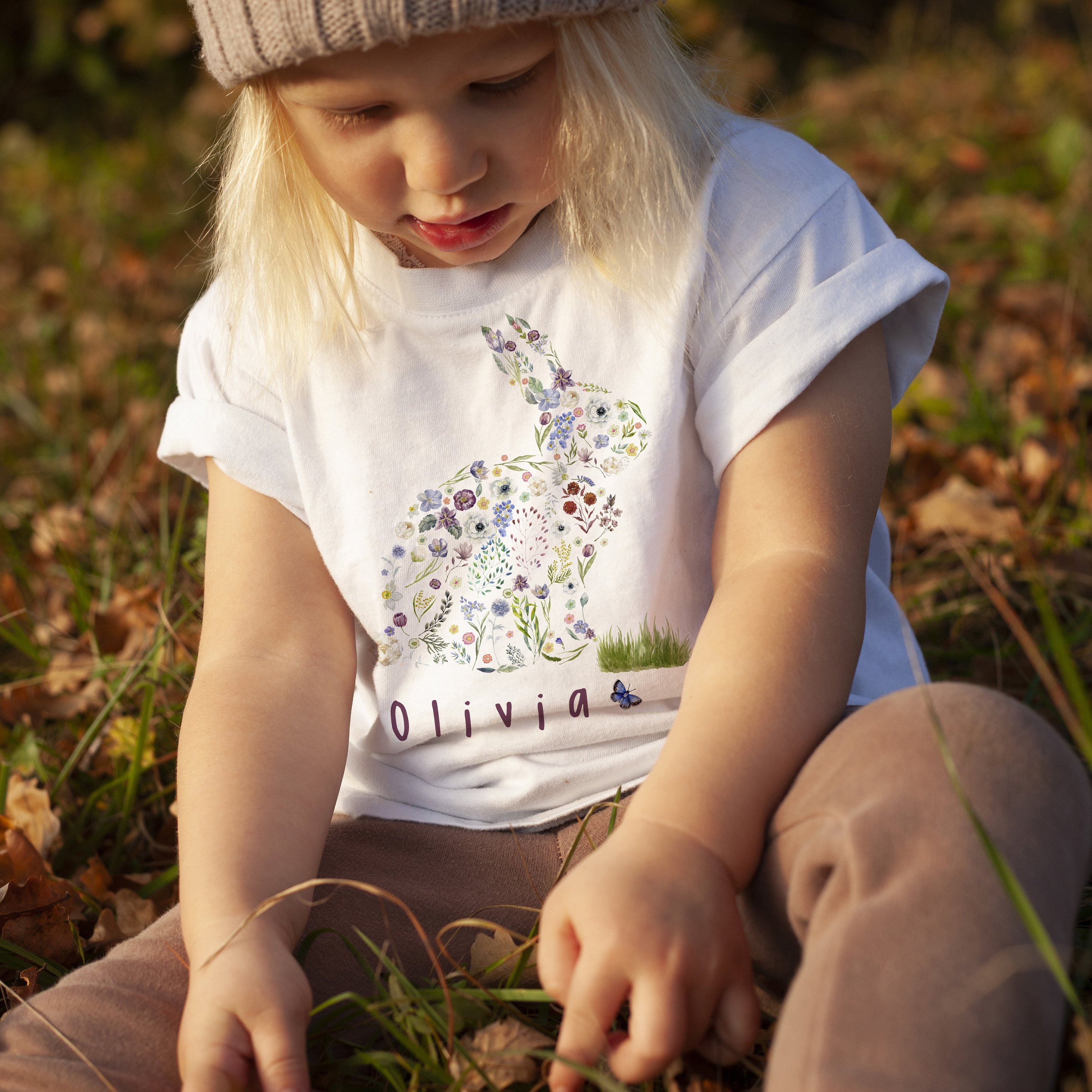 Personalised Kids Easter T-Shirt, flower bunny design for boys or girl – Pomchick